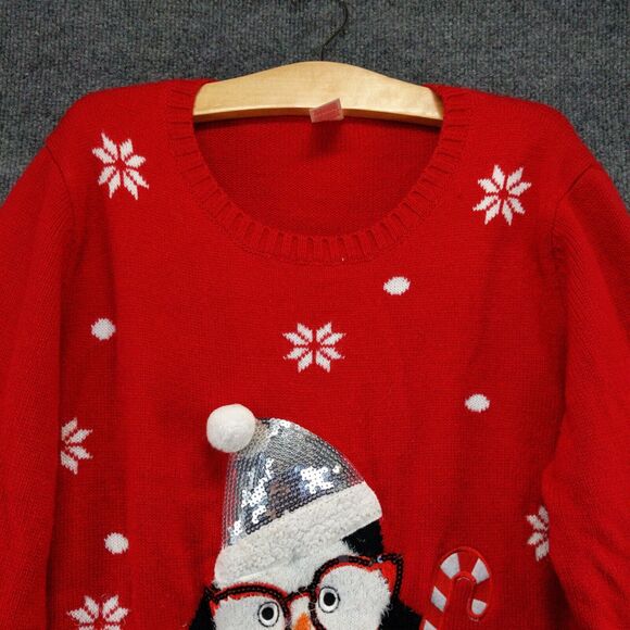 Holiday Time Womens Penguin Ugly Christmas Sweater Red XXL Long Sleeve Crew Neck - Picture 3 of 12